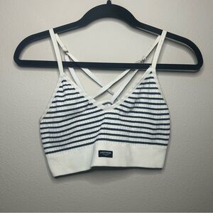 Lucky Brand White and Navy Striped Ribbed Crop Tank with Crisscross Straps
